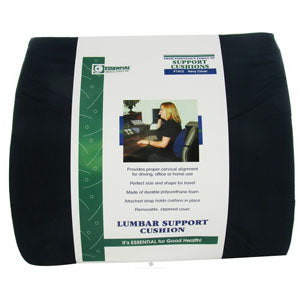 Lumbar support cushion with packaging showing product features for back pain relief.