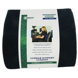 Lumbar support cushion with packaging showing product features for back pain relief.