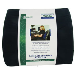 Lumbar support cushion with packaging showing product features for back pain relief.