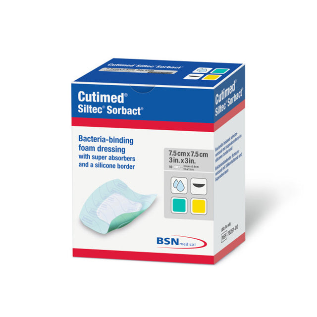 Cutimed Siltec Sorbact foam dressing box for wound care, 7.5cm x 7.5cm, silicone border
