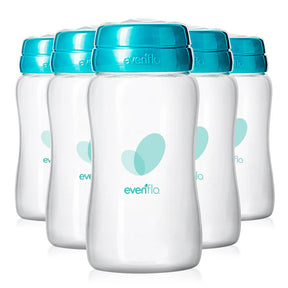 Six clear 5 oz breast milk collection bottles with teal lids for breast pump use