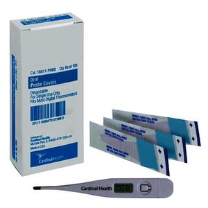 Digital thermometer with disposable oral probe covers and product packaging