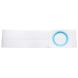 White ostomy belt with blue plastic ring, medical support accessory for stoma care