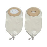 Two beige ostomy bags with skin barriers and drainage outlets, medical supply product