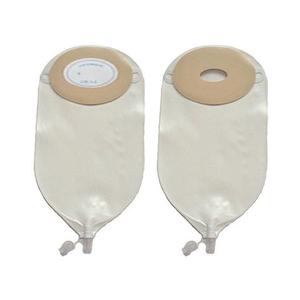 Two beige ostomy bags with skin barriers and drainage outlets, medical supply product