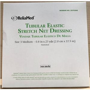 Box of ReliaMed tubular elastic stretch net dressing, size medium, non-sterile medical supply.
