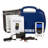 Portable TENS unit kit with blue carrying case, device, manual, cables, and electrodes