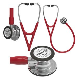 Red and silver stethoscope for medical professionals, close-up and multiple angles