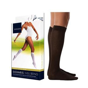 Sigvaris Well Being compression socks with packaging box and model legs wearing black knee-high socks.