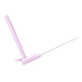 Single-use pink medical applicator with detachable handle and long slim tube on white background