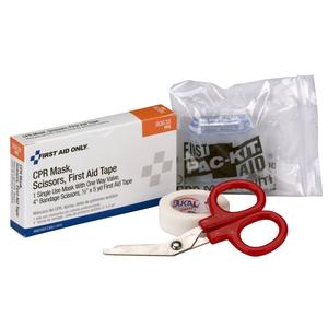 First aid kit with CPR mask, medical scissors, adhesive tape, and gauze in packaging