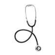 Black stethoscope for medical use on white background, essential healthcare equipment