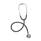 Black stethoscope for medical use on white background, essential healthcare equipment