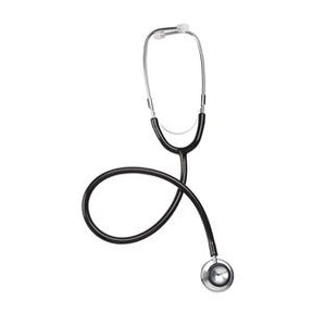 Black stethoscope for medical use on white background, essential healthcare equipment