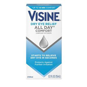 Visine dry eye relief lubricant eye drops box, all day comfort, 15ml, for irritation