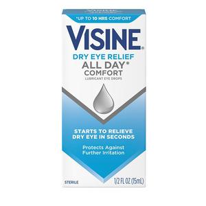 Visine dry eye relief lubricant eye drops box, all day comfort, 15ml, for irritation