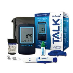 Blood glucose monitoring kit with digital meter, test strips, lancets, and carrying case