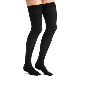 Black thigh-high compression socks for medical support, side view on legs