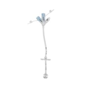 Medical gastrostomy feeding tube with balloon tip and multiple connectors on a white background