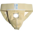 Medical ostomy support belt with central opening for pouch attachment, beige fabric.
