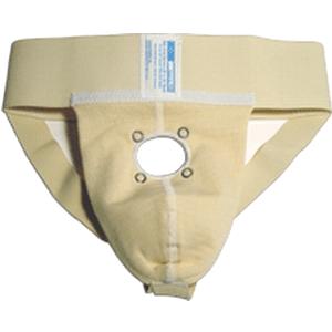 Medical ostomy support belt with central opening for pouch attachment, beige fabric.