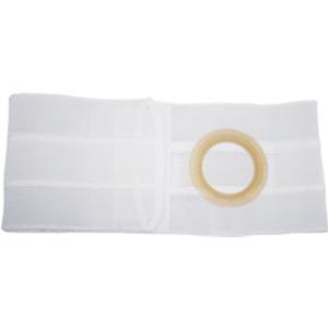 Medical ostomy belt with circular opening for stoma support on white background