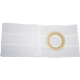 Medical ostomy belt with circular opening for stoma support on white background