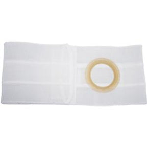 Medical ostomy belt with circular opening for stoma support on white background