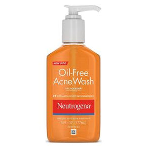 Neutrogena Oil-Free Acne Wash in orange pump bottle, facial cleanser for acne-prone skin
