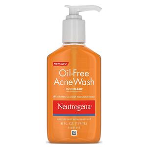 Neutrogena Oil-Free Acne Wash in orange pump bottle, facial cleanser for acne-prone skin