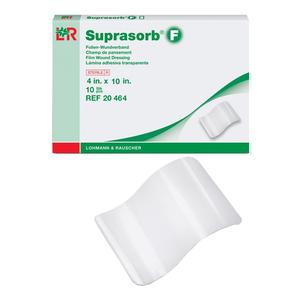 Suprasorb F transparent film wound dressing box with dressing sheet, 4x10 inch size.