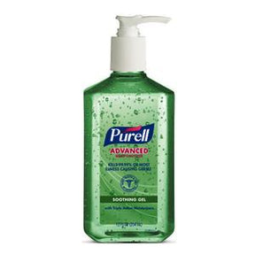 Purell Advanced soothing gel hand sanitizer bottle with pump, green gel, white background