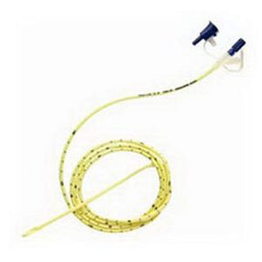 Yellow medical feeding tube with blue connectors, coiled on a white background