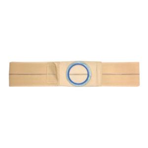 Beige medical ostomy belt with blue circular opening, adjustable support strap