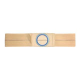 Beige medical ostomy belt with blue circular opening, adjustable support strap