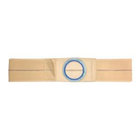 Beige medical ostomy belt with blue circular opening, adjustable support strap