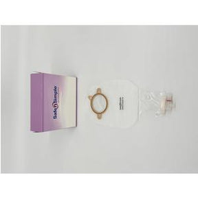 Ostomy bag with adhesive ring and medical packaging on white background