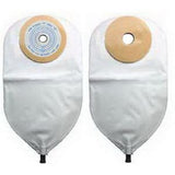 Two white ostomy bags with adhesive barrier for medical supply and home care use