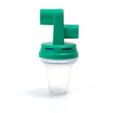 Green and clear medical nebulizer cup for respiratory therapy equipment on white background