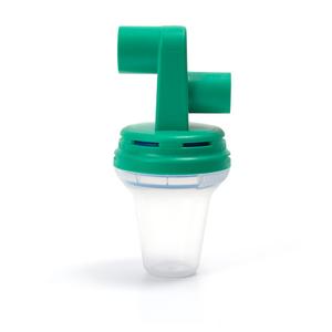 Green and clear medical nebulizer cup for respiratory therapy equipment on white background