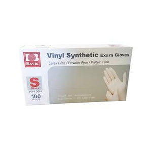 Box of small vinyl synthetic exam gloves, latex free, for medical use, 100 count