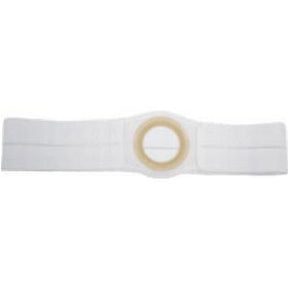 White ostomy belt with circular opening, adjustable medical accessory for stoma support