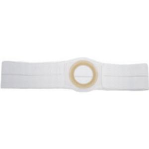 White ostomy belt with circular opening, adjustable medical accessory for stoma support