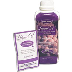 Liquacel grape protein supplement bottle and single-serve liquid packet for medical nutrition