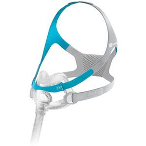 Full face CPAP mask with blue and gray headgear for sleep apnea therapy
