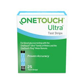 OneTouch Ultra test strips box for blood glucose monitoring, 25 count, front view
