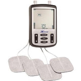 Digital TENS unit with display and four electrode pads for pain relief and muscle therapy