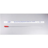 Sterile straight male catheter with red tip and individual packaging on gray background