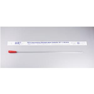 Sterile straight male catheter with red tip and individual packaging on gray background
