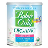 Baby's Only Organic toddler formula can with non-GMO whey protein dairy label